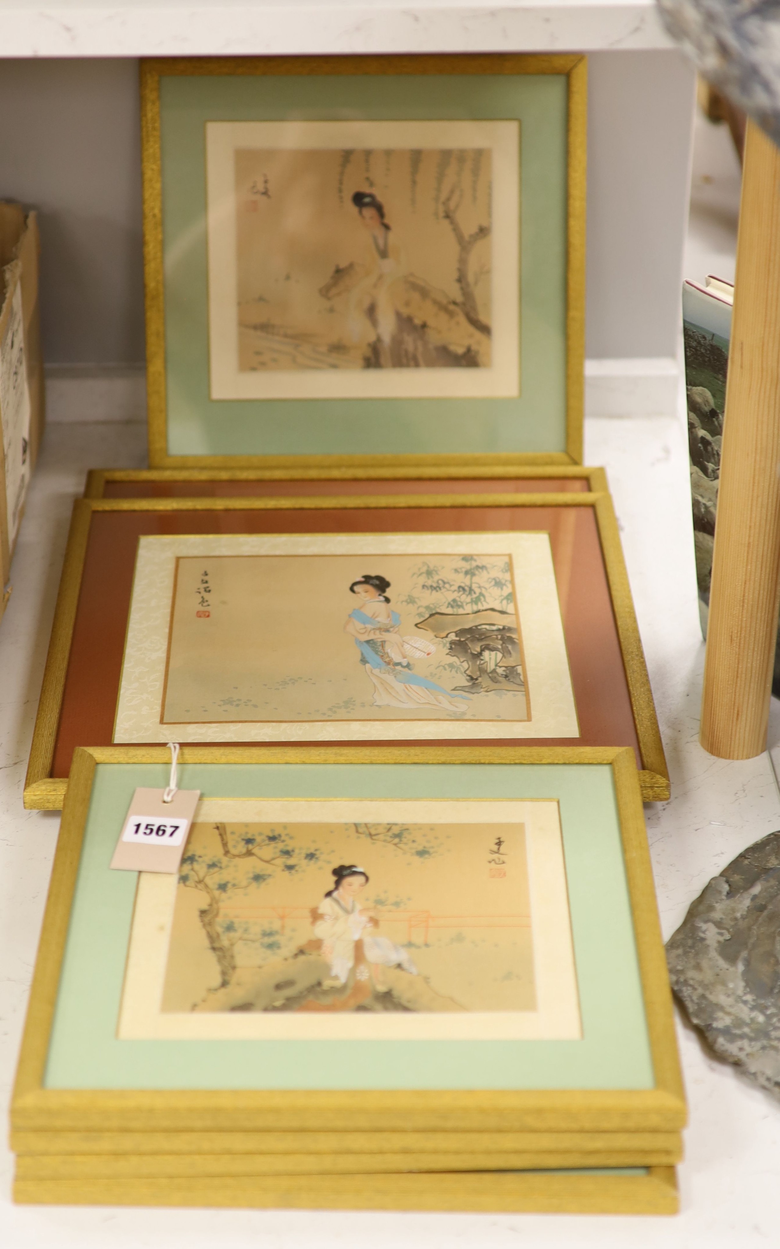 Chinese School, a group of seven watercolours, Young women in landscapes, 19 x 21cm and 15 x 8cm